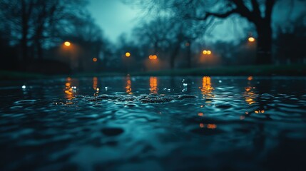 A tranquil scene of raindrops on a reflective surface, illuminated by distant streetlights in a misty environment.