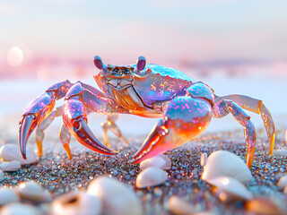 Vibrant colorful artistic crab on a coastal beach with shimmering shells.