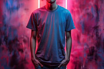 Obraz premium A stylish mens cotton t-shirt is presented for design inspiration, surrounded by dynamic atmosphere infused with neon pink and blue lights, creating modern and creative vibe. Mock up, copy space