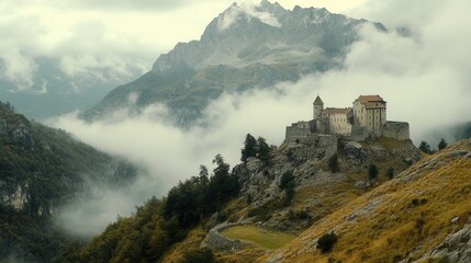 Medieval Castle Fortress in Scottish Landscape Under Dramatic Sky