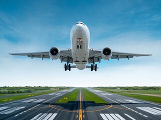 Naklejka premium Commercial Airplane Taking Off from a Runway Against a Clear Sky
