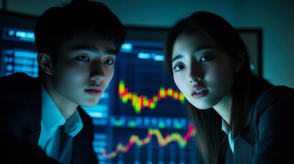 Young professionals analyzing market trends on a digital display in a modern office setting during evening hours