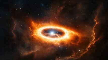 Naklejka premium Celestial Nebula with Bright Star and Fiery Orange Gas Rings
