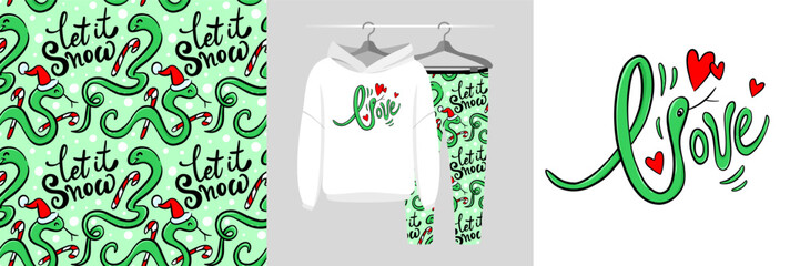 Seamless pattern and illustration with playful holiday design elements. Green snake folded into word Love. Baby background, cute design showcased on garments, best for t-shirt print, card, wrapping