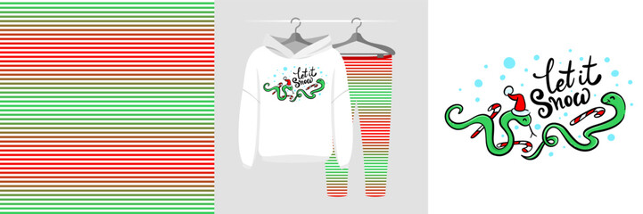 Seamless Christmas pattern and illustration with snakes and snowflakes, Let it snow text, Happy new year 2025, holidays cartoon cute design for t-shirt, decor, invitation, wrapping