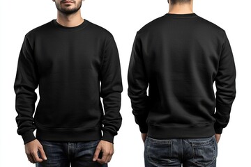 A front and back view mock up of a black sweatshirt worn by a male model.