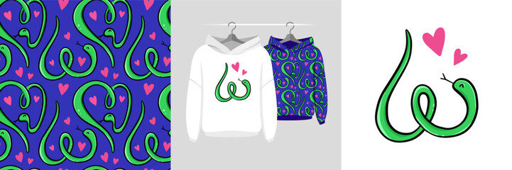 Seamless pattern and illustration with snake. Colorful snakes intertwined with hearts. Baby background, cute design showcased on garments, suitable for fashion t-shirt print, birthday card, wrapping