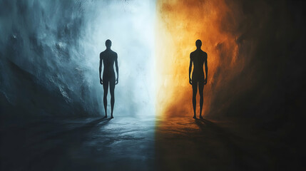 Two human figures standing on opposite sides, symbolizing contrasts between light and dark, good and evil -