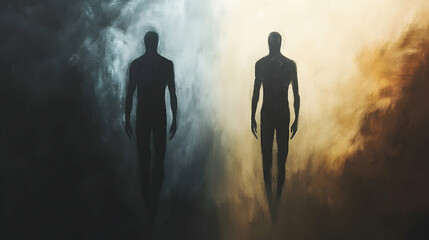 Two human figures standing on opposite sides, symbolizing contrasts between light and dark, good and evil -