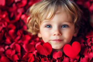 Adorable Toddler Boy Surrounded by Red Rose Petals Lovely Valentine's Day Child Portrait Sweet Innocent Expression Beautiful Baby Boy Romantic Festive Image Precious     