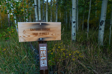 Capitol Ditch Trail #1961.1 sign at Capitol Ditch Trailhead on a crisp fall morning in September...