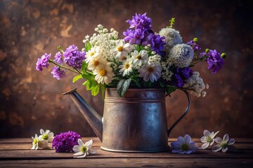 Low Light Spring Bouquet: White & Purple Flowers in Watering Can