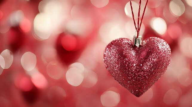 Sparkling Red Glitter Heart Ornament Valentines Day Romantic Love Festive Decoration Shiny Red Background Bokeh Lights Romantic Holiday Symbolism Sweetheart pink hearts  