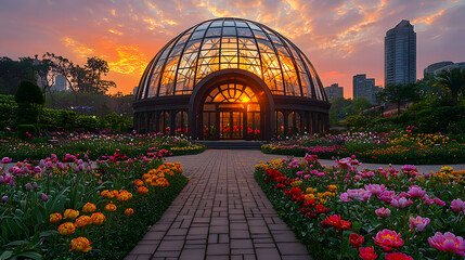 Fototapeta premium Sunset illuminating a glass dome greenhouse surrounded by vibrant flower gardens.