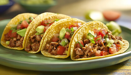 Vibrant pork tacos served with colorful accompaniments in a bright setting  -
