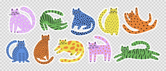 Set of funny modern cats stickers. Illustration for card, print on clothes. Vector cute kitten. Hand drawn background for design and card, covers, package, wrapping paper.  © bosotochka