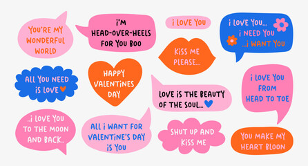 Valentine's Day hand drawn elements set. Template for a set of stickers, greeting cards, posters, planners. Vector collection of love symbols and quotes about love. © bosotochka