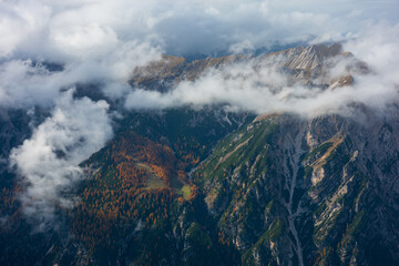 The specular landscape of Durrenstein after hike to peak in Autumn season, Dolomite, Italy.
