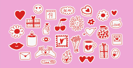 Valentine's Day hand drawn elements set. Template for a set of stickers, greeting cards, posters, planners. Vector collection of love symbols and quotes about love. © bosotochka