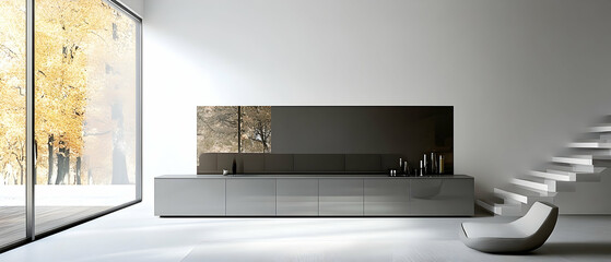White living room with a sleek gray cabinet for a minimalist interior design  -