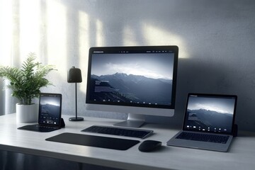 Fototapeta premium Demonstrating user experiences through multi-device website mockups.