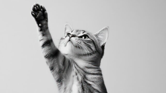 Playful tabby cat reaching up with paw, monochrome studio shot.