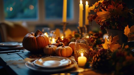 Obraz premium A beautifully set dining table with fall-themed centerpieces and candles, capturing the essence of Thanksgiving