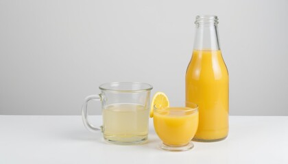 Fototapeta premium Simple scene with a glass bottle next to an open container, refilling with a natural liquid like juice or water, set against a plain background, eco-friendly process