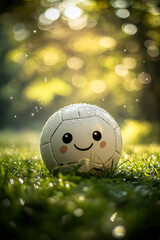 Fototapeta premium Happy cartoon soccer ball resting on wet grass in a sunny park during a bright afternoon