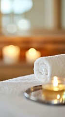 Relaxing spa experience with soft towels and candles tranquil setting close-up view embracing serenity