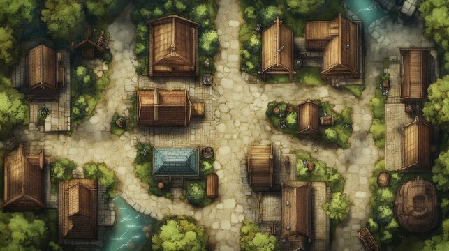Immersive top-down city battle map for RPG fantasy settings.