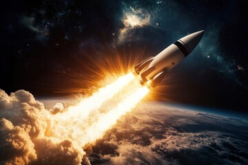 Fototapeta premium A rocket ascends into space at incredible speed, representing the power of propulsion.