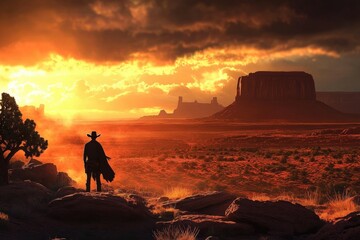 A solitary cowboy in a classic spaghetti western setting. 
