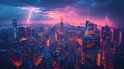 Obraz premium A vibrant cityscape at dusk, illuminated by city lights and a lightning storm in the background.
