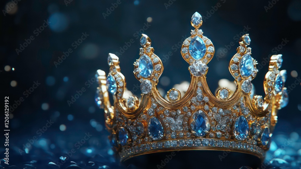 Poster gold crown adorned with blue and clear gemstones, resting on a dark surface with a bokeh effect.