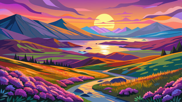 sunset over scottish highlands landscape with purple heather blooms green rolling hills lochs leading to distant mountains beauty
