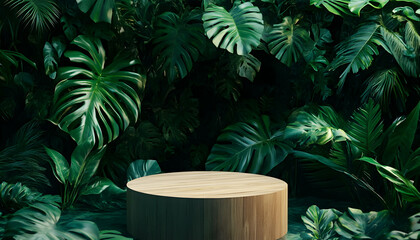 Wooden podium surrounded by tropical greenery for an elegant product showcase AI Generated
