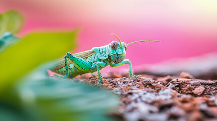 Fototapeta premium Close-up of a vibrant green grasshopper on a pink background