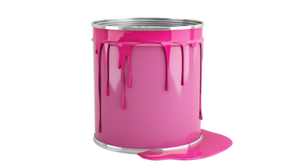 Paint tin can with dripping pink paint on transparent background
