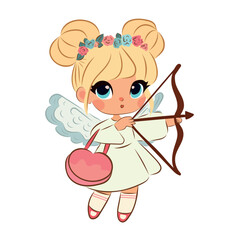 Little girl with wings holding heart in hands. Cupid, child. Vector illustration for Valentine's Day