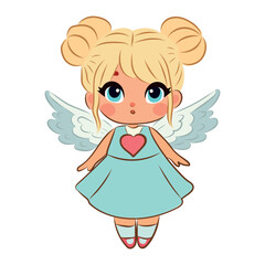 Little girl with wings holding heart in hands. Cupid, child. Vector illustration for Valentine's Day