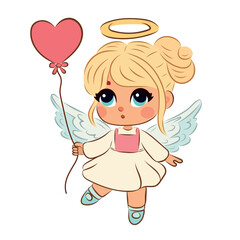 Little girl with wings holding heart in hands. Cupid, child. Vector illustration for Valentine's Day