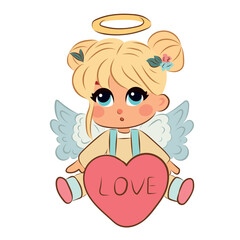 Little girl with wings holding heart in hands. Cupid, child. Vector illustration for Valentine's Day