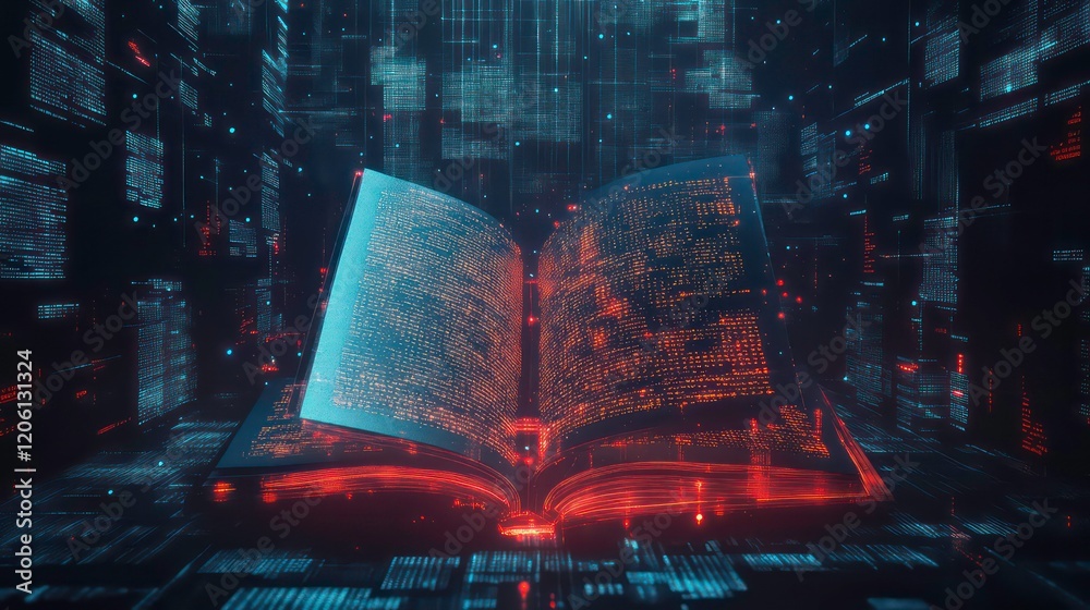 Poster Open book glowing with digital code, futuristic concept.