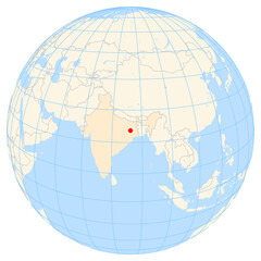 Map showing the location of the city Bokaro in India (Southern Asia) on the earth globe.