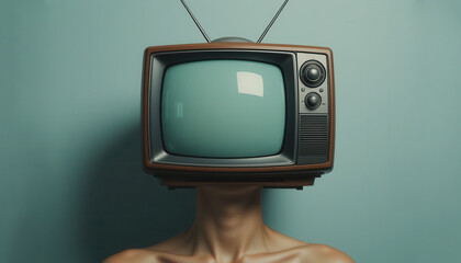 Woman and old tv instead of her head. Retro style poster. Television manipulation and brainwashing. Mass media propaganda control