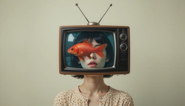 Woman and old tv instead of her head. Red fish in aquarium on tv screen. Retro style poster. Television manipulation and brainwashing. Mass media propaganda control