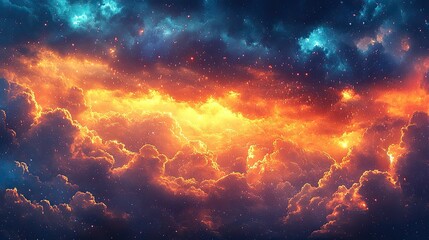 Naklejka premium A vibrant cosmic scene with swirling clouds and a fiery horizon, evoking a sense of wonder.