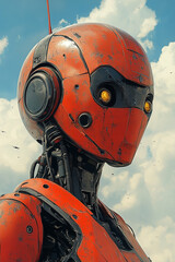 Rusty Orange Robot Stands Against Cloudy Sky