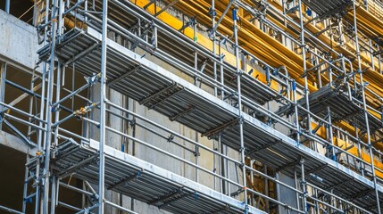 A detailed view of engineers conducting a safety audit and inspection of scaffolding at a commercial construction site, Scaffolding inspection scene, Safety compliance style